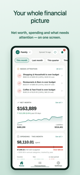 Home screen showing net worth, spending against budget and items needing attention