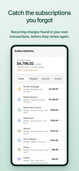 Detected subscriptions and recurring bills